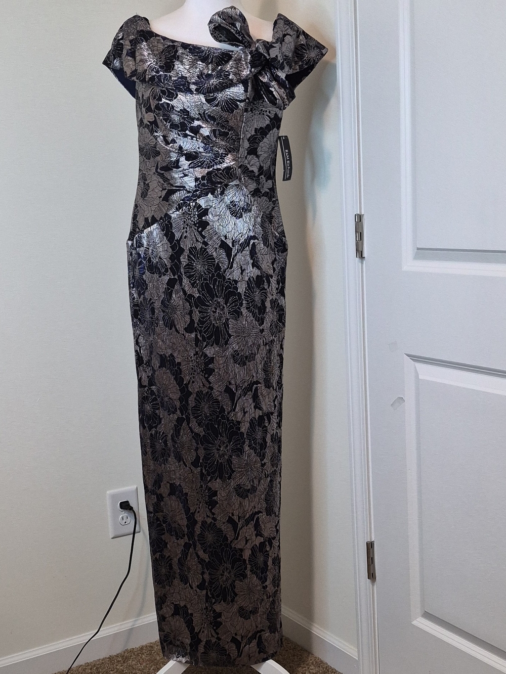 Silver and Black Floral Off-Shoulder Evening Gown